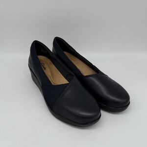 Clarks Artisan Shoes Womens Size 9.5 W Navy Blue Leather Wedge Heels Comfort